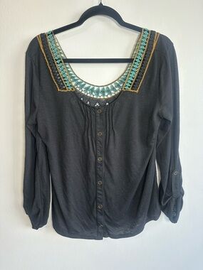Eyeshadow Black Button-Front Top with Turquoise and Gold Embroidery Boho Large